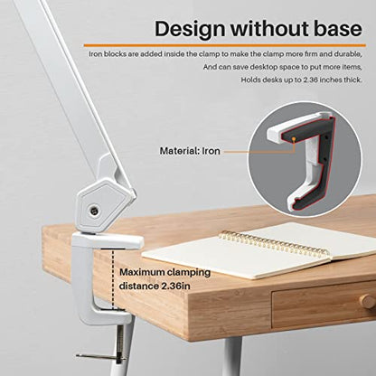 LED Architect Desk Lamp with Clamp, 30W 2500LM, White 30CCT | 324 LEDs deliver flicker-free lighting with 5 color modes, 5 brightness levels, and reinforced dual metal arms - color: White