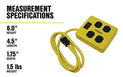 Southwire Yellow Jacket Metal Power Block - Heavy Duty Design - 4 Outlet Grounded Plug Splitter - Lighted Switch - 4 Ft Yellow Cord Plug - Durable Workshop Use - size: 4 ft