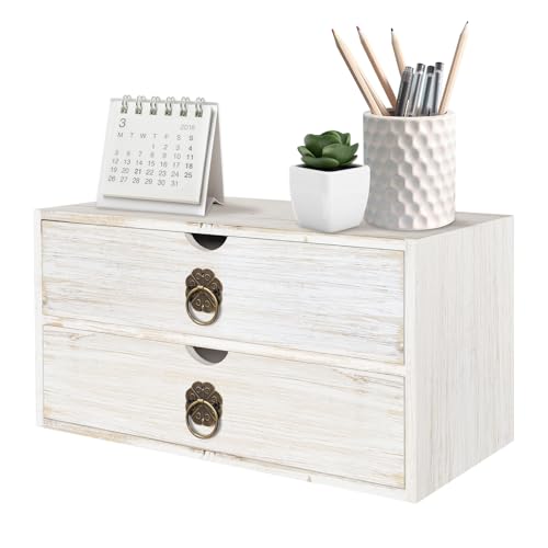 Wood Desk Organizer, White Wooden Desktop Organizer with Drawer, Tabletop Storage Organization Box for Countertop, Home Office Supplies, Bills (2 Drawer) - color: Vintage White, size: 2 Drawers