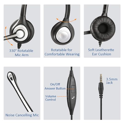 Cell Phone Headset with Microphone Noise Cancelling & Call Controls, 3.5mm Computer Headphones for Samsung PC Business Skype Softphone Call Center Office, Clear Chat, Ultra Comfort - color: Gray