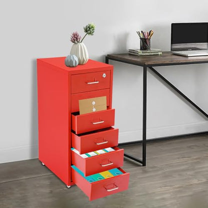 6 Drawers Mobile File Cabinet Rolling Vertical Filing Cabinet Under Desk Storage Organization 16" D x 11" W x 27" H (Red) - color: Red