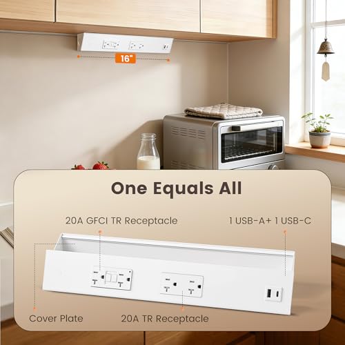SURAIELEC 2-Pack 16 in Hardwired Under Cabinet Power Strip with GFCI Outlet - color: White, size: 2 Pack