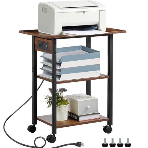 Lerliuo 3-Tier Printer Stand with Charging Station, Rolling Printer Table - color: Brown, size: 3-Tier with Charger