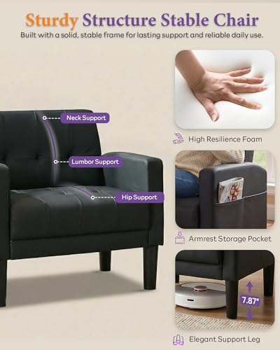 Black Accent Chair, Tufted Reading Armchair with Arms for Living Room - color: Black, size: 30.9inch-1