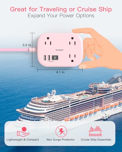 Cruise Essentials 2026,One Beat Travel Power Strip with USB C,Flat Plug 6ft - color: Pink, size: 6Ft