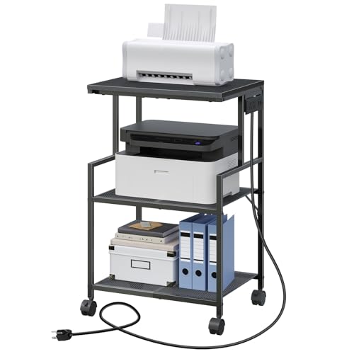 MAHANCRIS Mobile Printer Stand, 3-Tier Industrial Printer Cart with Power Outlets and 2 USB Ports, Rolling Printer Table on Wheels for Home Offices Kitchen Organization Rack, Black PTHB78E01 - color: Black