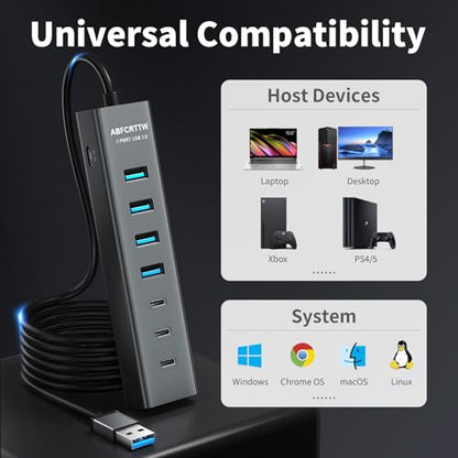 4Ft 7-Port USB Hub 3.0 for Desktop, 4 USB-A & 3 USB-C Ports Aluminium 5Gbps USB Extender Hub, USB Splitter, USB Hub Long Cable for Desktop, PC, Flash Drive, Mobile HDD SSD, Windows/XPS - size: 4FT
