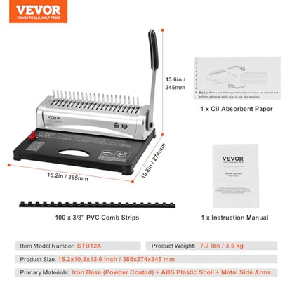 VEVOR Binding Machine, Comb Binding Machine 21-Holes Binding 450 Sheets, Book Binder Machine with 100 PCS 3/8'' Comb Binding Spines, for Letter Size, A4, A5 - style: Comb Binding