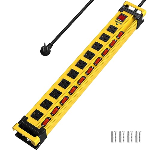 Plug'n Heavy Duty Power Strip with 3300J Surge Protector,10 Outlets Individual Switches with Cord Manager,15A/1875W/14AWG/9FT Cord,Metal Power Strip for Garage,Workshop,Home,Office - size: 10 Outlet, style: 9FT