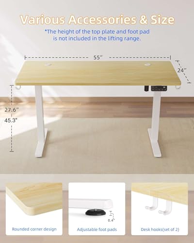 YIHAYO Electric Standing Desk, 55 x 24 Inches Stand Up Desk with Splice Board, Adjustable Height Desk, Computer Desk for Home Office, White Frame/Natural Top - color: White Frame/Natural Top, size: 55*24 Inch