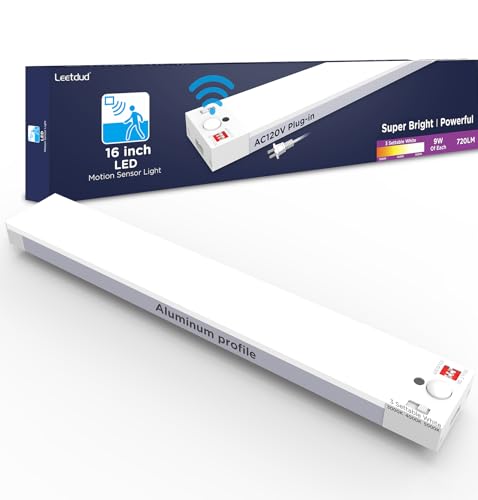 Leetdud Under Cabinet Lighting Plug in 16 Inch, 120V Motion Sensor Lights Indoor, 3CCT 3000/4000/5000K, Aluminum Linkable Super Bright LED Counter Light with Timer for Kitchen, Closet, White, 1 Pack - size: 16 Inch