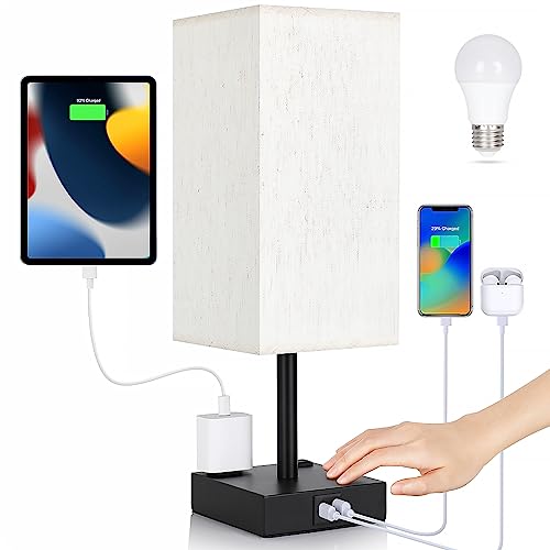 Bedside Table Lamp for Bedroom - Touch Small Lamp with USB C+A Charging Ports & AC Outlets, 3 Way Dimmable Nightstand Light for Living Room (LED Bulb Included, Flaxen) - color: Flaxen