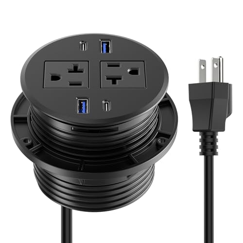 CCCEI 3.15 inch Power Grommet with USB Ports, Office Desk Hole Round Recessed Outlets, Flush Mount, Furniture Hidden High Amp Plug Station, Black, 10FT Extension Cord. - size: 10FT
