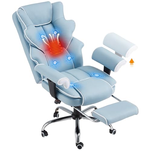 Ergonomic Executive Office Chair with 6-Point Vibration & Heat - Reclining Managerial Chair with Adjustable Footrest and Armrests,Big and Tall Leather Home Office Desk Chairs(Airy Blue) - color: Airy Blue