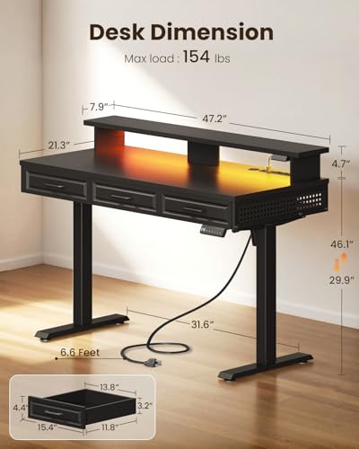 OffiGo 48 Inch Electric Standing Desk with 3 Wood Drawers