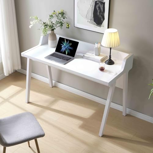 Penau Modern White Writing Desk with Grounded Outlet and 2 USB-A Ports, Finished Back, Modesty Panel and Wooden Leg Frame, 50 x 23.25 x 34.75 Inchs