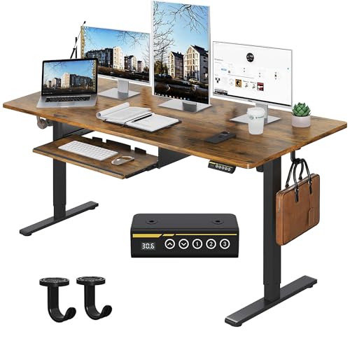 55 x 24 Inch Electric Standing Desk with Keyboard Tray, Brown | 3-Year Free Motor Replacement, 28.3-46.5 in Height, 3 Presets, 45 dB or Less, 154 lb Capacity, Keyboard Tray - color: Brown, size: 55X24