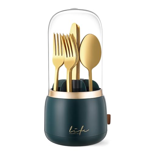 EXIN DECHEN Silverware Organizer with Lid,Cutlery Holder,Green with Gold | Waterproof and Dustproof,360°Rotating,Store Knives Forks Spoons Chopsticks for Kitchen Counter,Table,Party,Outdoor Camping,Rv - color: Dark Green