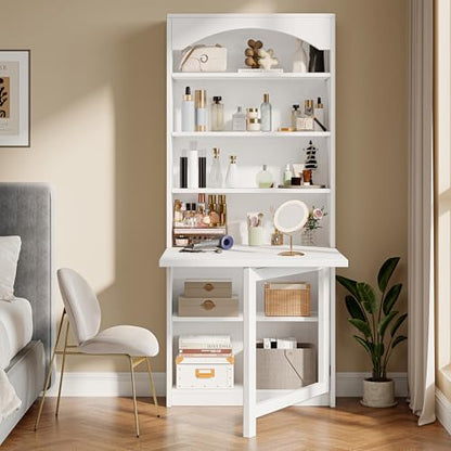 Einhomn Folding Desk with Storage, Space-Saving Foldable Convertible Writing Table, Wall Mount Fold Out Computer Desk for Home Office, Craft Room, Living Room, Bedroom, White - color: White