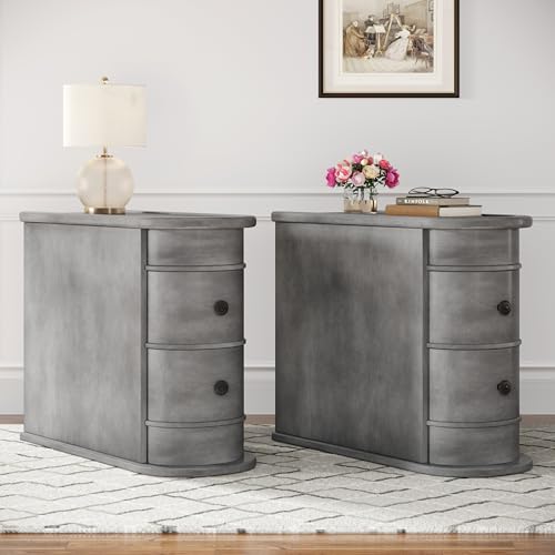 Wood End Table with 2 Drawers, No Assembly Required Narrow Sofa Side Table for Living Room, Vintage Slim Nightstand Bedside Table for Bedroom (2 Drawers, Grey, 2 Pcs) - color: Grey, size: 2 Pcs, style: 2 Drawers