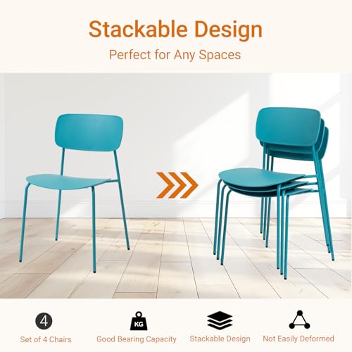 Sidanli Armless Stacking Chairs, Blue, Set of 4 | Ergonomic Plastic Seat, Waterproof, with 2MM Thicken Metal Legs, for Conference Reception Dining Room, Easy to Stack - color: Blue
