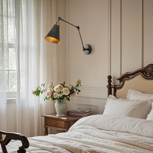 JONATHAN Y Rover 1-Light Wall Sconce 7", Rustic Dark Gray | Adjustable Arm, Hardwired Bedside Reading Swing Arm, Farmhouse Cone Shade, Metal Hardwired Indoor Fixture, LED Bulbs Included - color: Rustic Dark Gray/Brass Gold, size: Set of 1