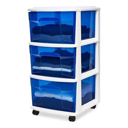 HOMZ Drawer Tower, 3-Tier Storage Cart with Removable Wheels, White Frame - color: White Frame/Blue Drawers, size: 1 Pack