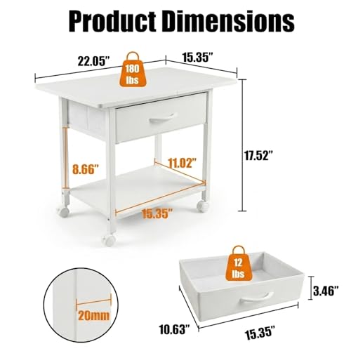 22" x 15" Under Desk Rolling Printer Stand, 2-Tier Industrial Mobile Printer Table with Strong Fabric Drawer, Storage Shelf, Steel Frame and Lockable Wheels, Printer Cart for Home Office (White) - color: White