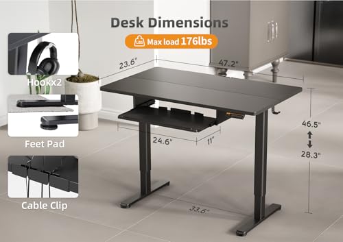 YDN Standing Desk 48 Inch Height Adjustable with Keyboard Tray Black | Ergonomic design, 28.3-46.5 inch electric height range, 176 lb capacity, water-resistant surface, cable management - color: Black