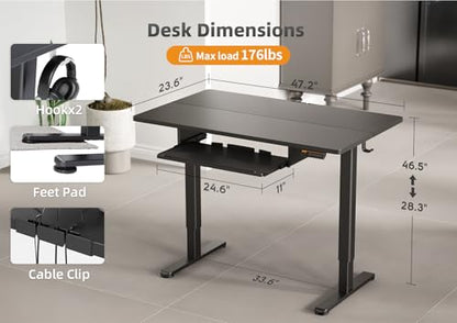 YDN Standing Desk 48 Inch Height Adjustable with Keyboard Tray Black | Ergonomic design, 28.3-46.5 inch electric height range, 176 lb capacity, water-resistant surface, cable management - color: Black