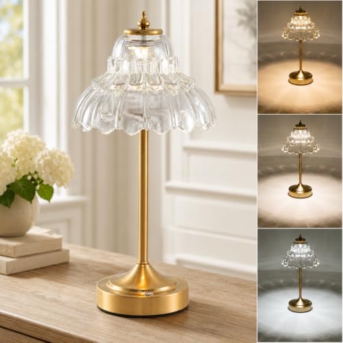 Cordless Table Lamp, Touch Control, 6000mAh Rechargeable Battery-Operated Portable Lamp, 3 Color Temperatures & Stepless Dimming, Vintage Bedside Lamp for Bedroom, Office & Desk, Clear Lotus - color: Flower Transparent