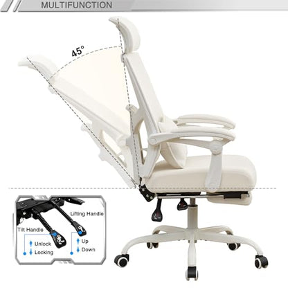 Qulomvs Ergonomic Office Chair with Footrest Home Office Desk Chair with Headrest and Backrest Adjustable Mesh Computer Desk Chair with Wheels 360 Swivel Task Chair - color: Cream White(upgrade Comfort With Pillow)