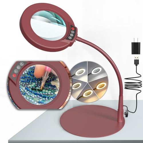 10X Magnifying Glass with Light and Stand, 5 Color Modes Stepless Dimmable LED Lighted Desk Lamp, Hands Free Flexible Gooseneck Magnifier with Light for Craft Hobby Painting Close Work - Red - color: Red, size: 10X-12.6in