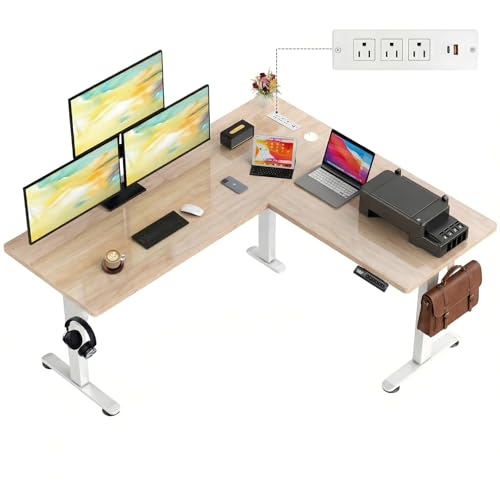 farexon 63x55 Inch L Shaped Standing Desk with Outlets, Electric Adjustable Height Stand Up Desk, Corner sit Stand Desk with Mouse Pad, Hook, Home Office Writing Gaming Computer Workstation, Oak Grey