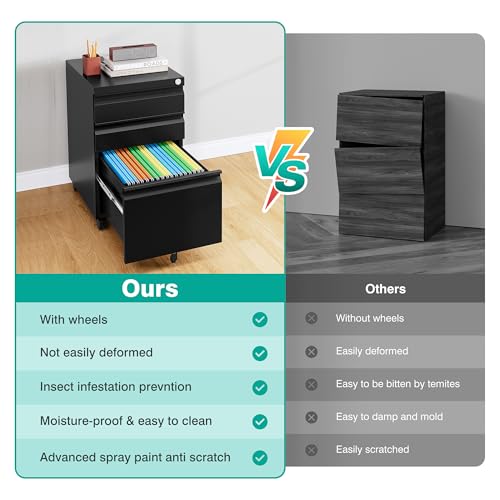 3 Drawer File Cabinet with Lock,Under Desk File Cabinet with Wheels,Black Rolling Filing Cabinets,Three Drawer Metal Filing Cabinet for Home Office,Fit A4/Letter/Legal File,- Assembly Required - color: Black, style: Assembly Required