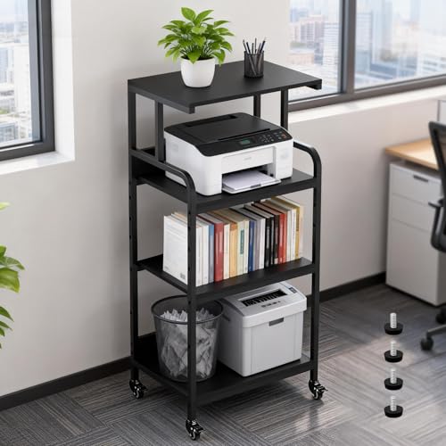 Black 4 Tier Adjustable Shelf Mobile Printer Stand Rolling Storage Cart | Space saving design fits small home office spaces supports scanner cricut heat press fax machine and other office equipment - color: 4-Tier Black