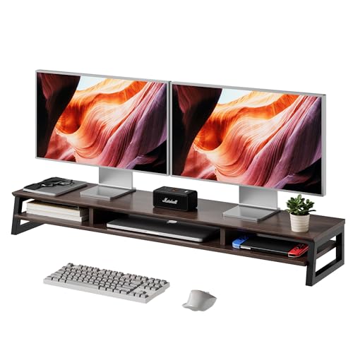 Dual Monitor Stand Riser for Desk, 41.7 Inch Large 2 Tier Computer Monitor Stand for 2 Monitors, Desktop Storage Organizer Shelf with Keyboard Space for Laptop PC Printer Brown - color: Brown