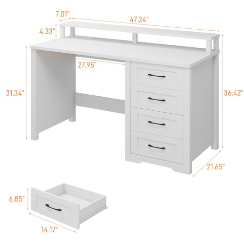 Vabches 47" Farmhouse Executive Desk with 4 Drawers and LED Lights, White - color: White, size: 4 Drawers & Monitor Stand