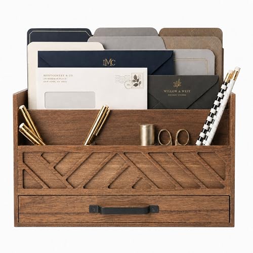 BLU MONACO | Wooden Mail Organizer with Drawer and Compartments | Mail Sorter Organizer Countertop for Desk Entryway | Outgoing Mail Holder Wood Desktop File Storage - color: Brown