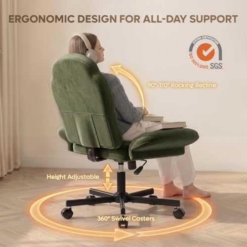Bestier Criss Cross Office Chair with FILP-Up Armrests, Green Velvet | Rocking Recline,Swivel Makeup Vanity Chair with 5-Level Folding Armrest, Cross Legged Desk, Adjustable Height Swivel Chair - color: Green Velvet