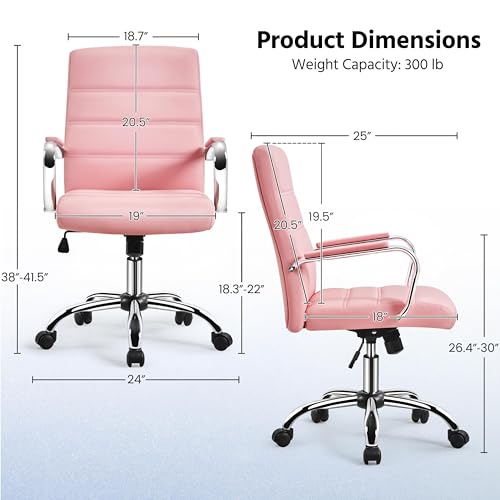 Yaheetech Pink Office Chair PU Leather Swivel Rocking Desk Seat with Arms | Foam-padded channel-stitched PU leather back supports desk hours; chrome frame rocks, adjusts in height, rolls on casters. - color: Pink