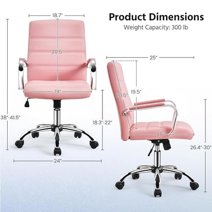 Yaheetech Pink Office Chair PU Leather Swivel Rocking Desk Seat with Arms | Foam-padded channel-stitched PU leather back supports desk hours; chrome frame rocks, adjusts in height, rolls on casters. - color: Pink