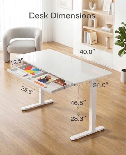 Marsail 40 x 24 inch Glass Standing Desk with 4-Zone Drawer Storage, White | 28.3–46.5 Inch Height Range, One-piece Tempered Glass top, 4 Preset Heights, Sit Stand Design, Ergonomic Home Office Desk - size: 40*24 Inch