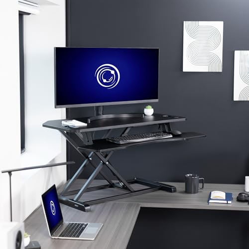 VIVO Extra Wide 38 inch Corner Desk Converter, K Series, Height Adjustable Sit to Stand Riser, Dual Monitor and Laptop Workstation with Wide Keyboard Tray, Black, DESK-V000KL - size: 38"