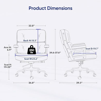 Genuine Leather Office Chair, Mid Back Executive Desk Chairs with Aluminum Arms and Wheels, Swivel Office Leather Chair with Thickened Backrest and Ergonomic Lumbar Support, Dark Blue - color: Dark Blue