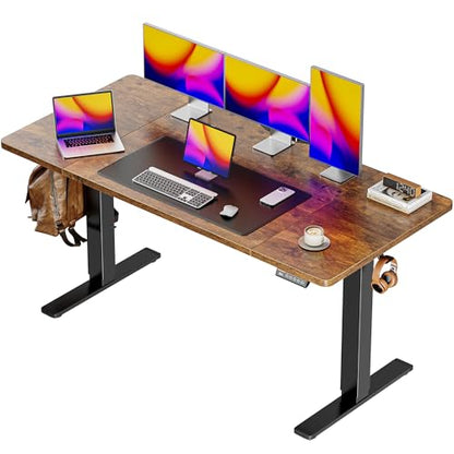 Huuger 55 x 28 Large Electric Standing Desk, Height Adjustable Computer Desk, 27.6" Deep Desktop, Stand up Gaming Office Desk with 2 Hooks, 3 Preset Heights, for Home Office, Rustic Brown - color: Rustic Brown, size: 55*28 inch (no outlets)