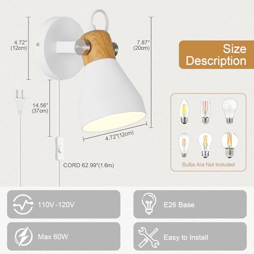 Modern Plug-in Wall Sconces, Matte White | Adjustable Reading Light, Natural Wood Accent, For Bedroom, Living Room, Home Office - color: Matte White+Wood Accent