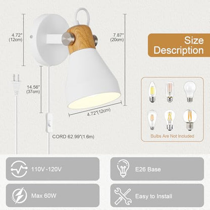 Modern Plug-in Wall Sconces, Matte White | Adjustable Reading Light, Natural Wood Accent, For Bedroom, Living Room, Home Office - color: Matte White+Wood Accent
