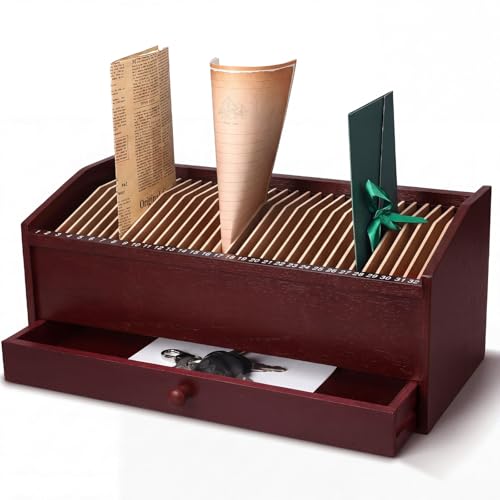 Wood Desktop Organizer with Drawer, 17 Inch 32 Section Bill & Mail & File Organizer Storage for Office Desk, Desktop Mail Holder and Office Supplies Storage, Letter and Paper Sorter(Brown) - color: Brown