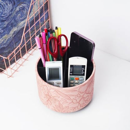 Round Leather Art Supply Organizer,Remote Control Holder,360 Degree Spinning,Multi-Functional Pencil Holder,4 Compartments Desktop Stationary Organizer(1-Carved Pink) - color: 1-Carved Pink